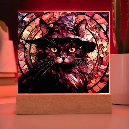 Halloween Decor - Spooky Black Cat Acrylic Square Plaque with LED Wooden Base - Mallard Moon Gift Shop