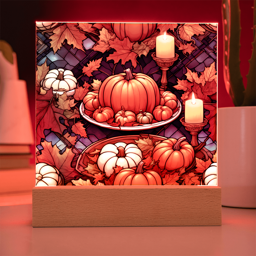 Stained Glass Pumpkin & Candle Acrylic Plaque – Thanksgiving Harvest Centerpiece | Fall Home Décor with LED Light Base