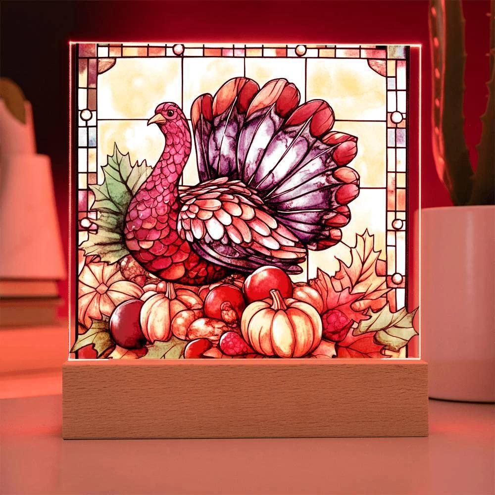 Thanksgiving Turkey Stained-glass Acrylic Square LED Lighted Wooden Base