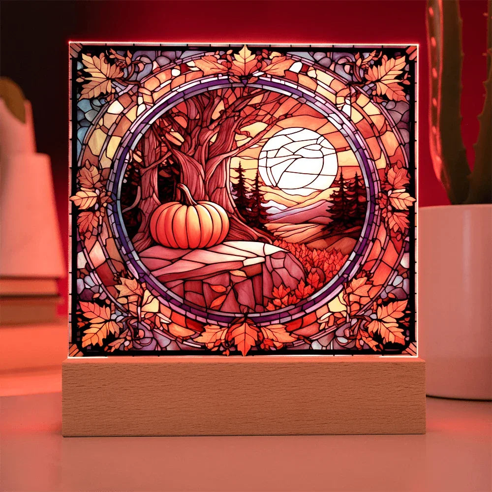 Stained Glass Autumn Pumpkin Sunset Acrylic Plaque – Fall Harvest Home Decor with LED Light Base | Thanksgiving Window Art Accent