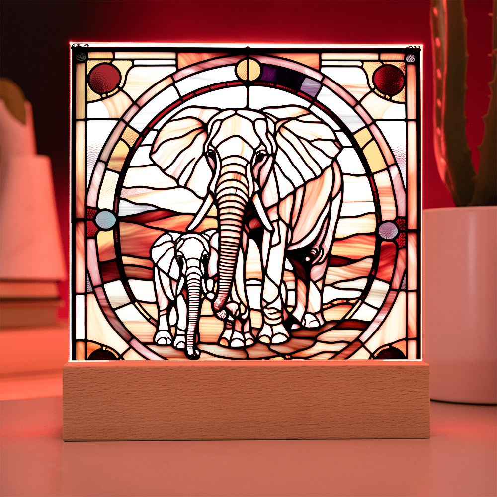 Elephant Mother and Baby Calf - Stained Glass Style LED Acrylic Plaque – A Symbol of Strength, Love, and Family - Mallard Moon Gift Shop