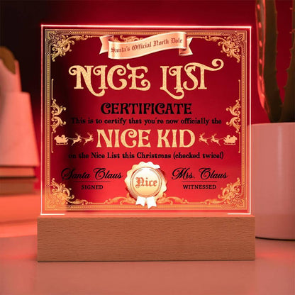Christmas Decor - Nice Kid List Certificate Acrylic Square Plaque with LED Wooden Base - Mallard Moon Gift Shop