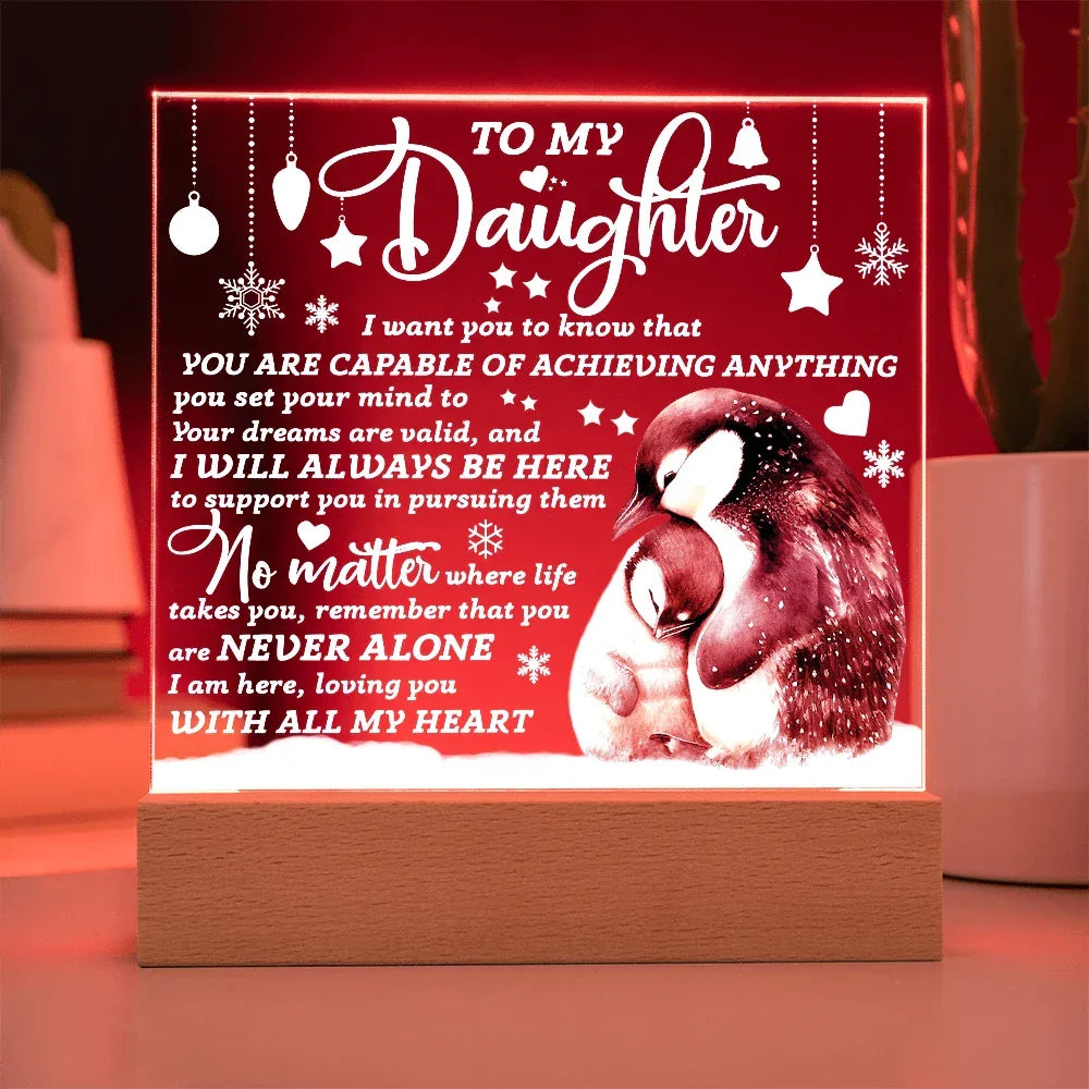 Daughter Penguin Acrylic Plaque – Heartfelt Christmas or Birthday Gift from Mom or Dad | “You Are Capable” LED Light Display