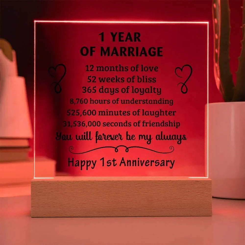 Anniversary Gift - One Year Of Marriage Acrylic Square Plaque with LED Wooden Base