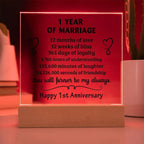 Anniversary Gift - One Year Of Marriage Acrylic Square Plaque with LED Wooden Base