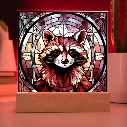 Stained Glass Raccoon Acrylic LED Light Plaque – Custom Animal Art Gift with Wooden Base - Mallard Moon Gift Shop