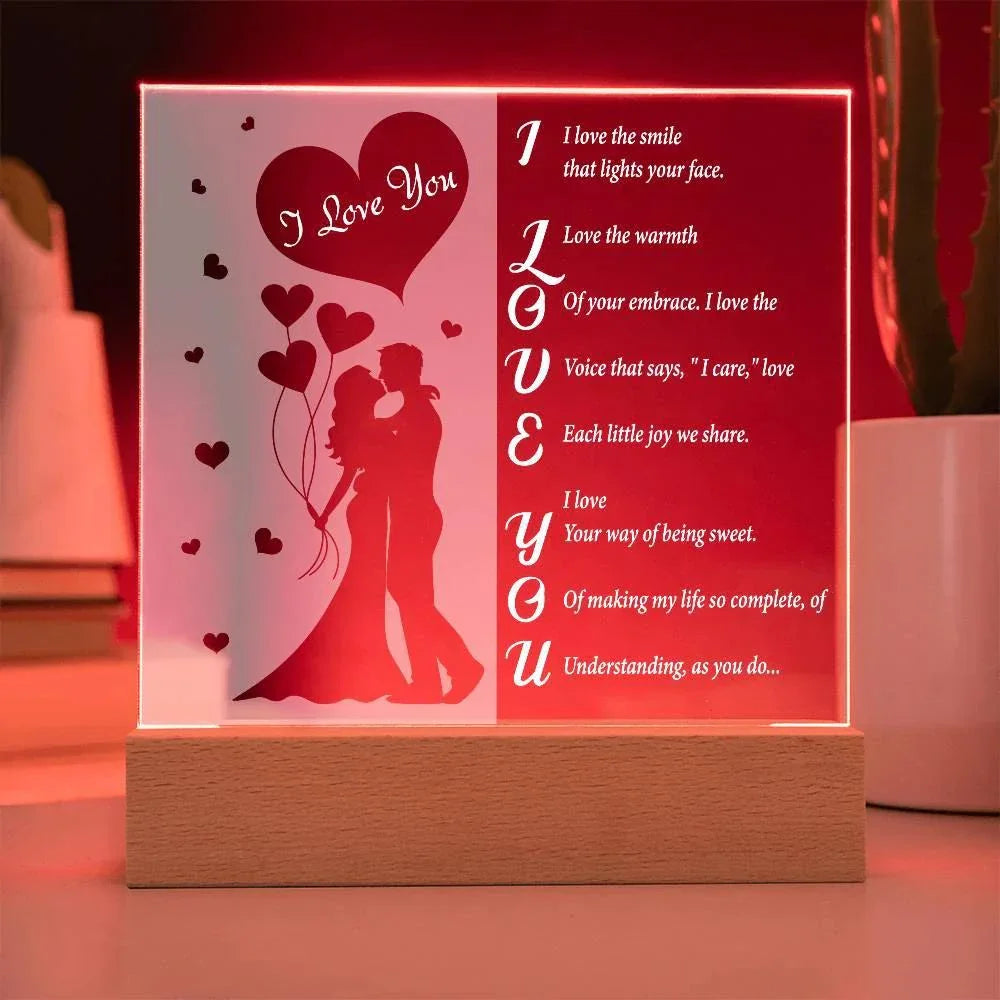 I Love You - Romantic Acrylic LED Plaque – Heartfelt Gift for Wife, Husband, or Partner | Illuminated Poem Keepsake