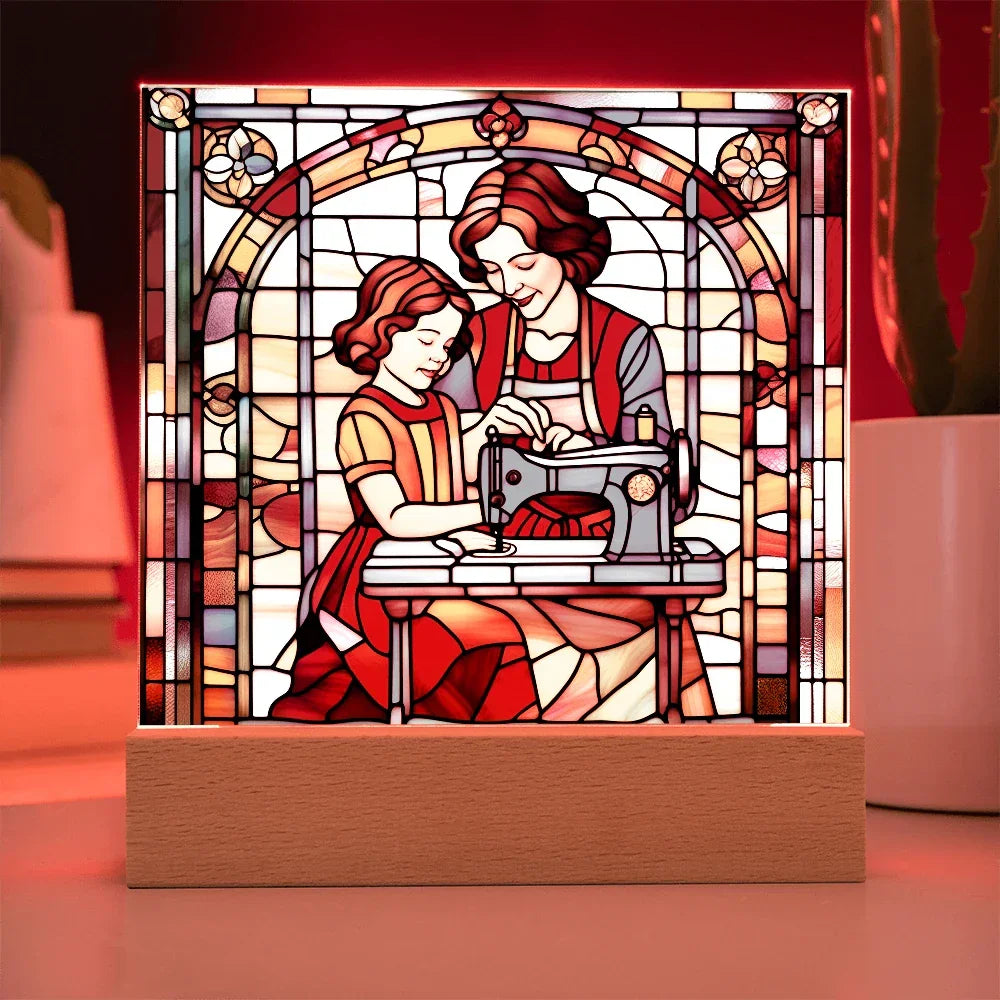 Sewing Together - Stained Glass Style LED Acrylic Plaque – A Heartfelt Gift for Quilters, Crafters, and Mothers