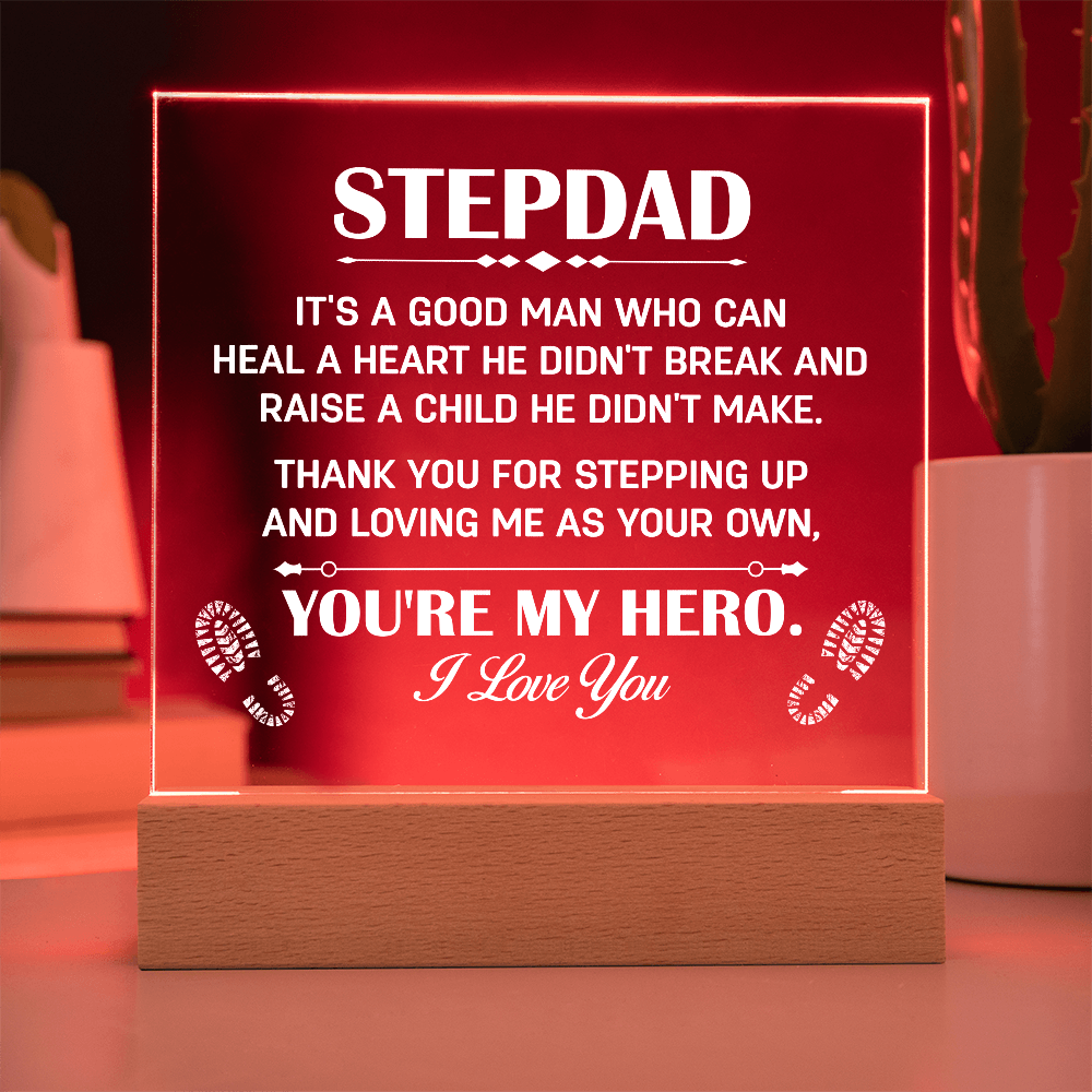 Stepdad Acrylic LED Plaque – “You're My Hero” Personalized Gift with Custom Name for Father's Day, Birthday, or Christmas - Mallard Moon Gift Shop