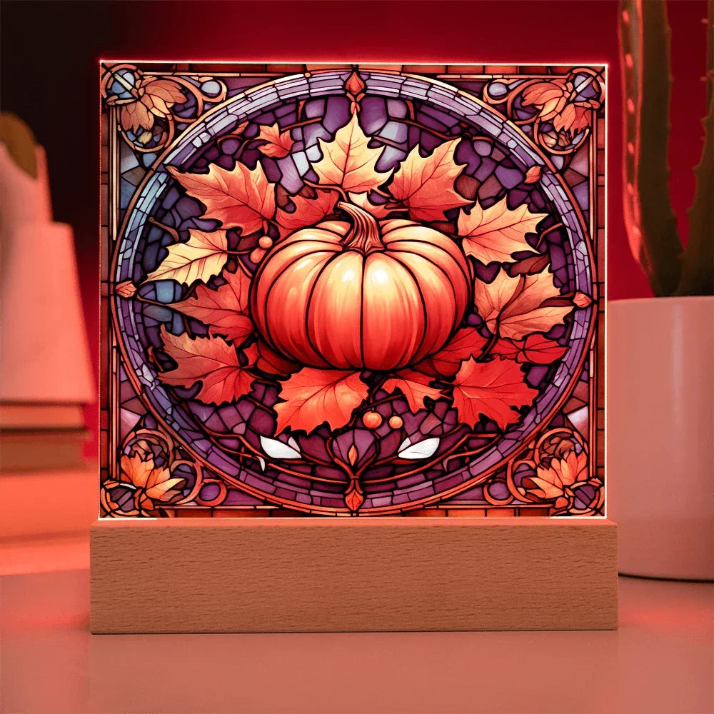 Stained Glass Pumpkin Acrylic Plaque – Elegant Thanksgiving Home Décor | Fall Harvest LED Light Display