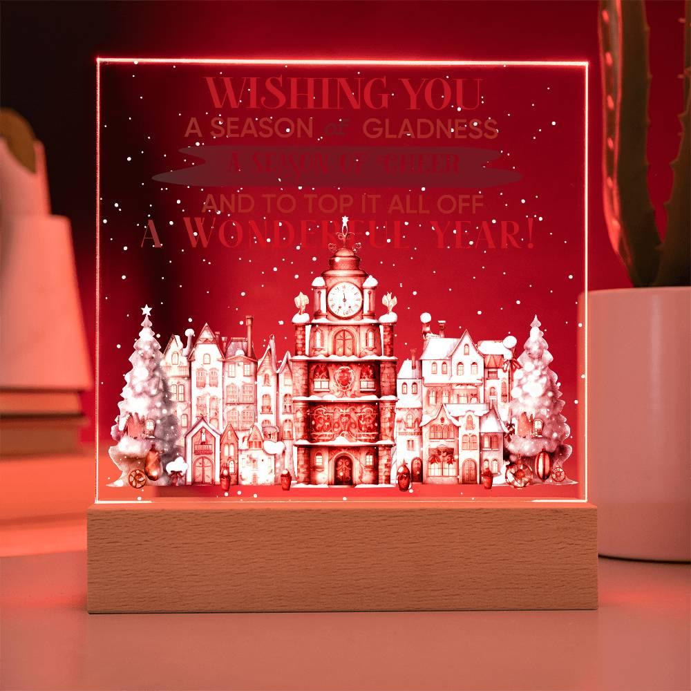 Wishing You a Season of Gladness Holiday Acrylic Plaque with Lighted LED Wooden Base - Mallard Moon Gift Shop