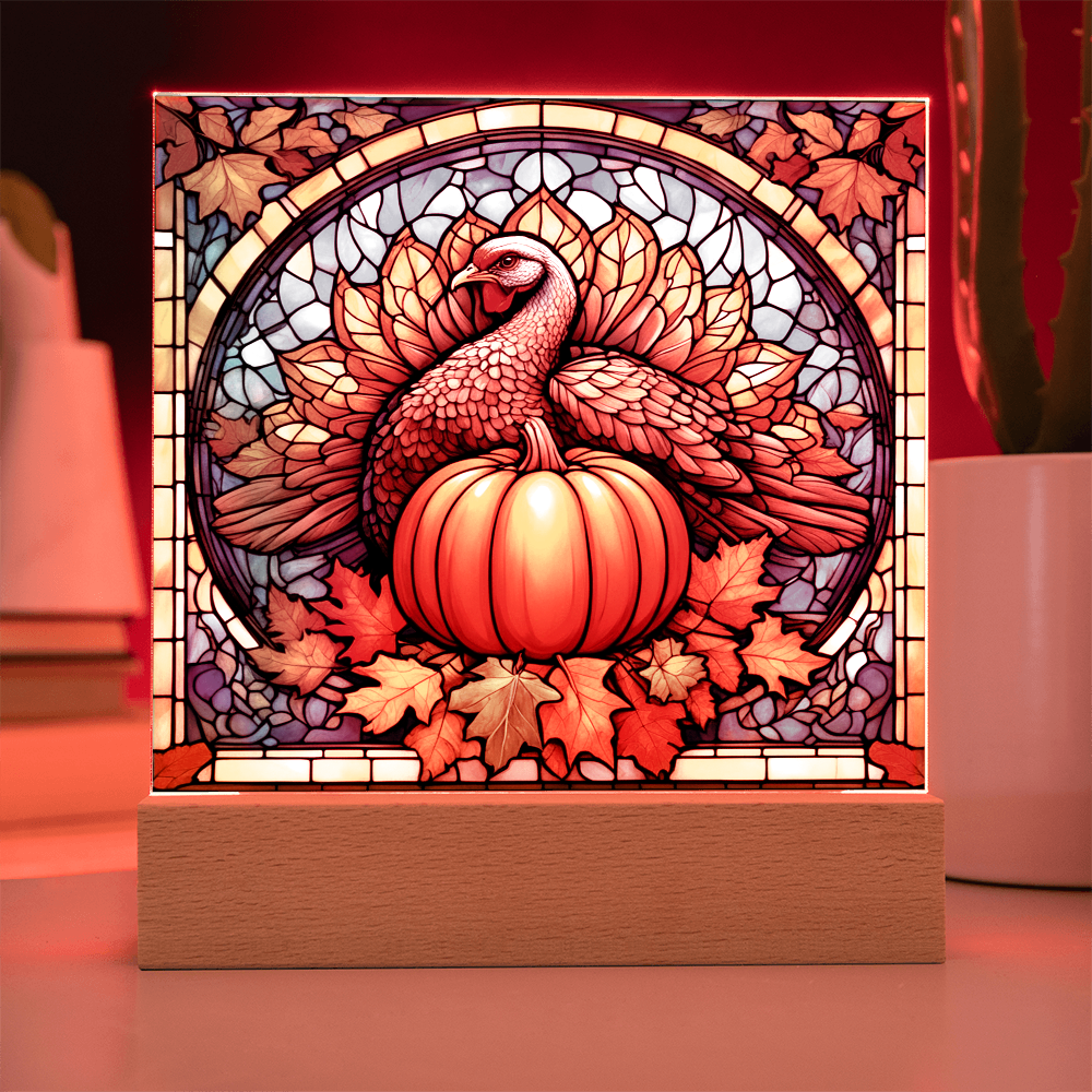 Thanksgiving Stained Glass Turkey Acrylic Plaque – Elegant Fall Home Decor with LED Light Base | Autumn Window Art Inspired Gift