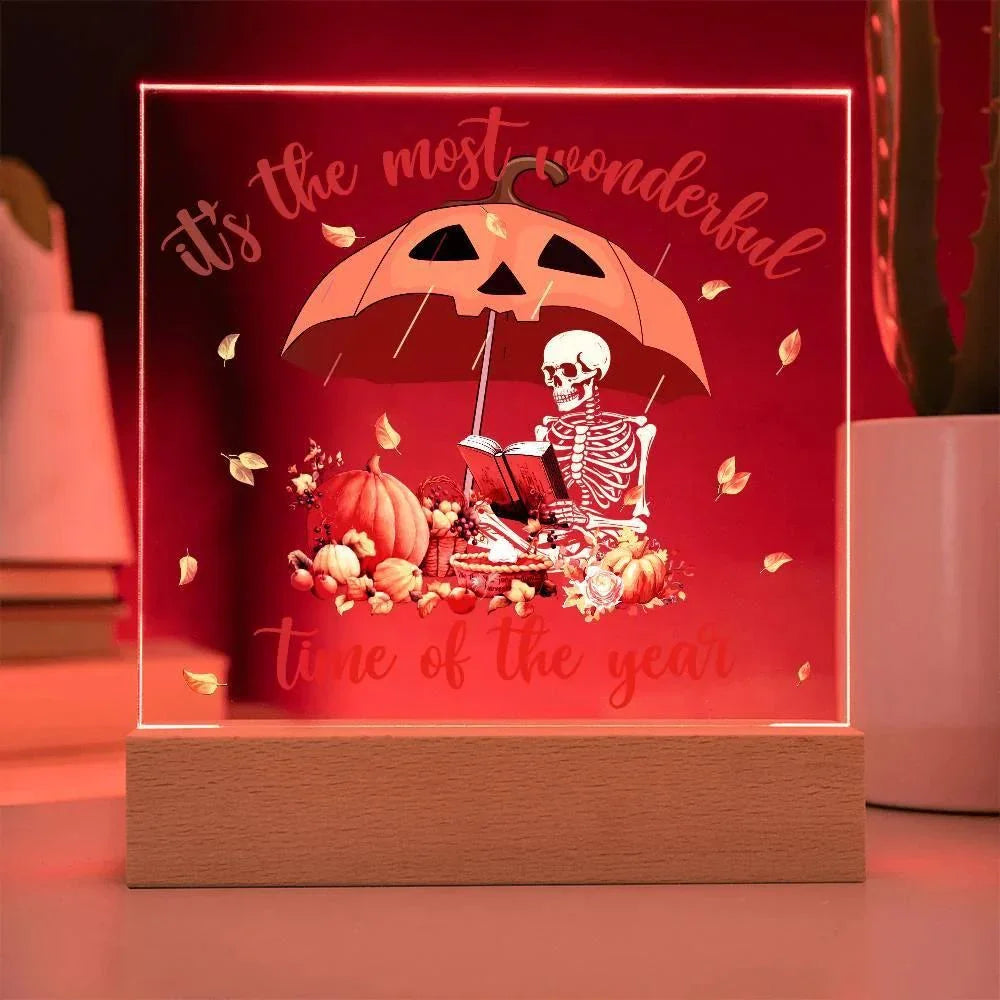 Halloween Decor - Most Wonderful Time of The Year Acrylic Square Plaque with LED Wooden Base