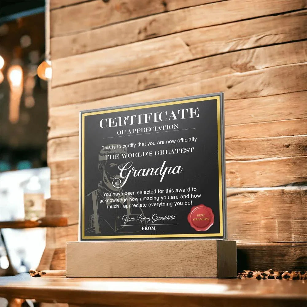 Certificate of Appreciation - The World's Greatest Grandpa Personalized Acrylic Plaque