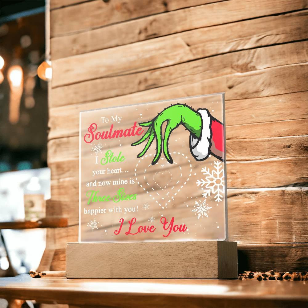 Soulmate Gift - Stole My Heart - Christmas Acrylic Plaque with Lighted LED wooden Base - Mallard Moon Gift Shop