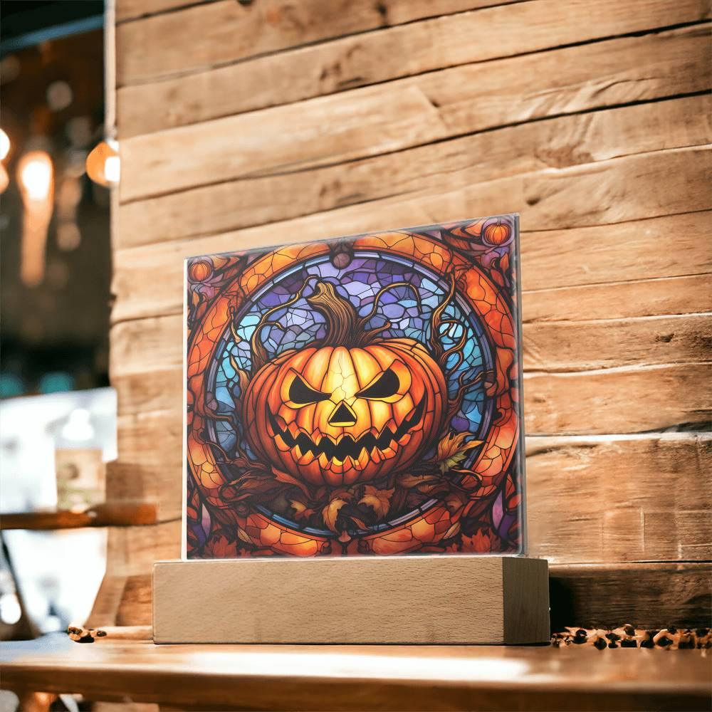 Halloween Pumpkin Stained-Glass Acrylic Square Plaque with LED Wooden Base - Mallard Moon Gift Shop