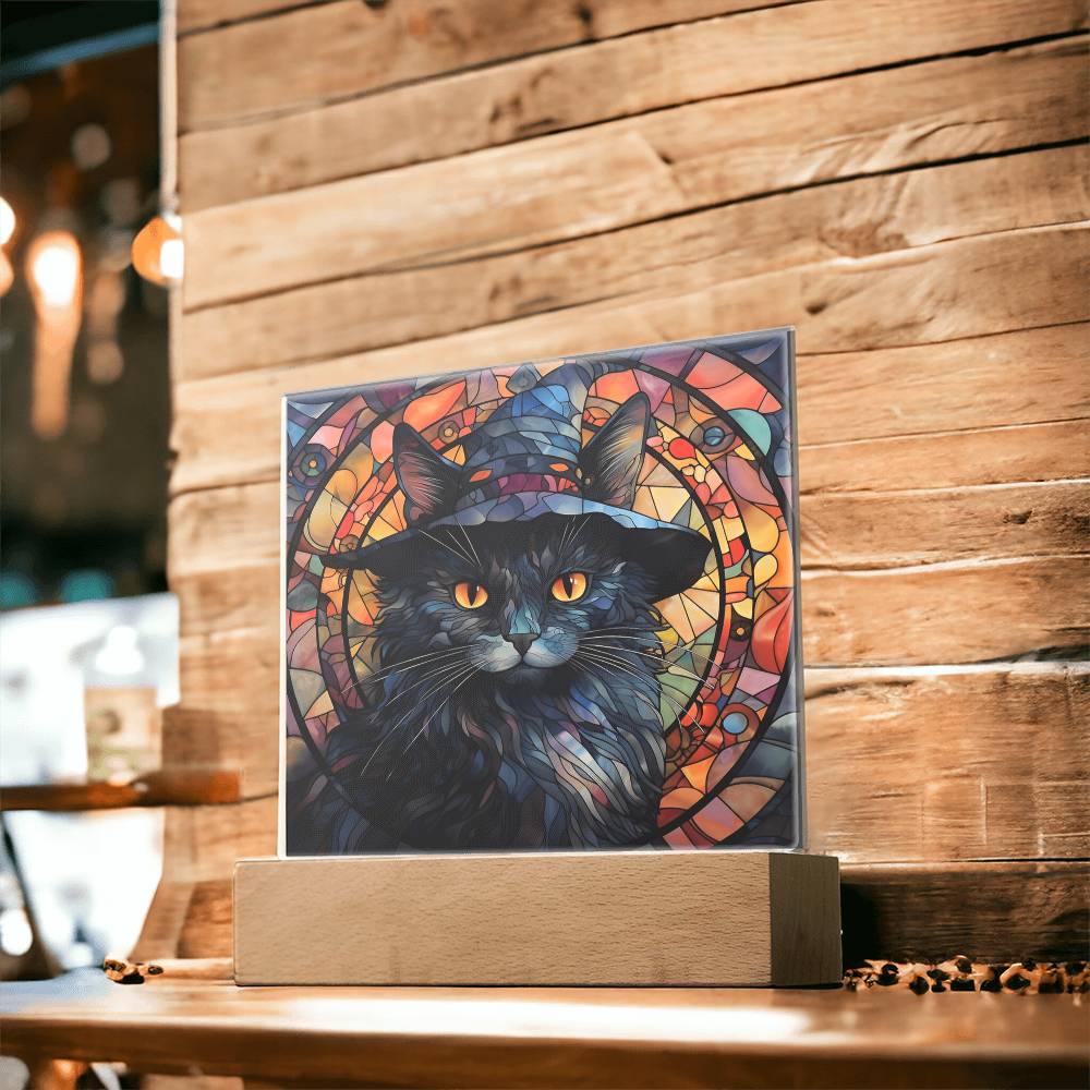 Halloween Decor - Spooky Black Cat Acrylic Square Plaque with LED Wooden Base - Mallard Moon Gift Shop