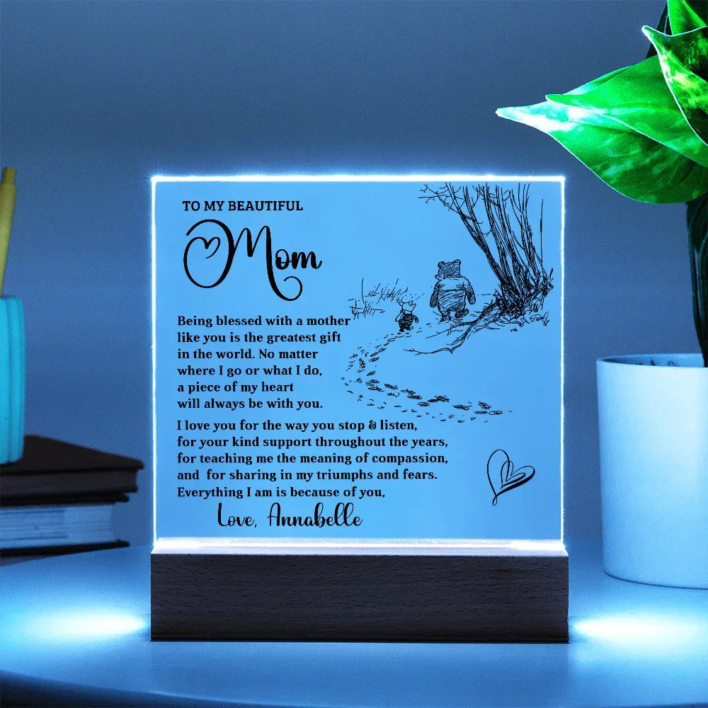 Personalized Acrylic Plaque for Mom – Custom Name Gift for Mother's Day, Birthday, or Christmas – LED Base with 7 Colors – Sentimental Gift for Mom from Daughter or Son