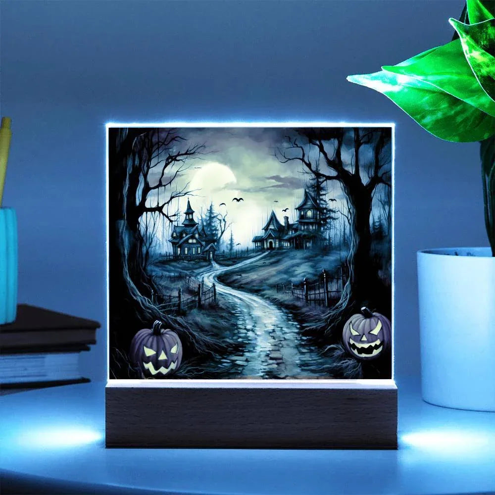 Twilight Terrace: Eerie Mansion Halloween Acrylic Plaque
