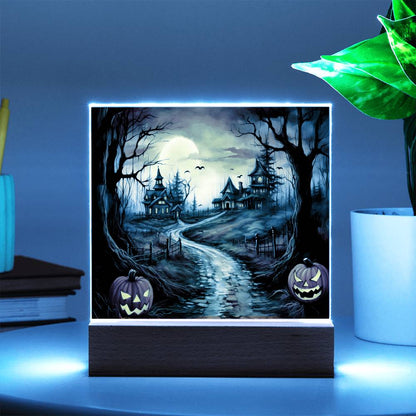 Twilight Terrace: Eerie Mansion Halloween Acrylic Plaque - Mallard Moon Gift Shop