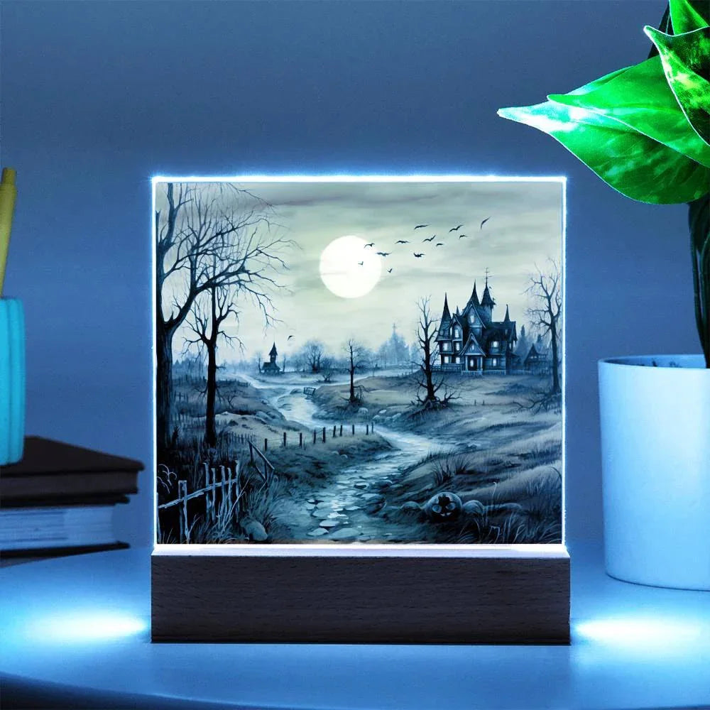 Ghost Manor: Acrylic Halloween Plaque Haunted House Table-top Lighted Decoration