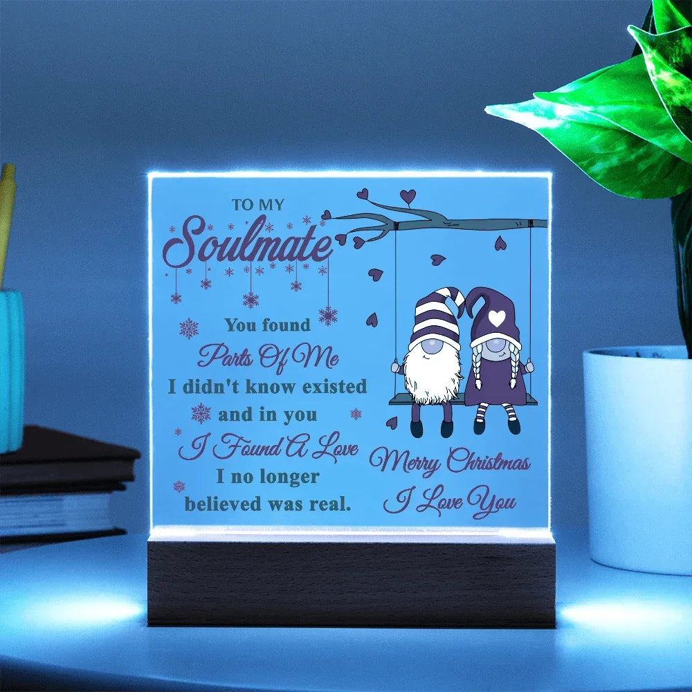 To My Soulmate Acrylic Plaque – Gnome Couple LED Light Gift | Romantic “I Found a Love” Christmas Keepsake