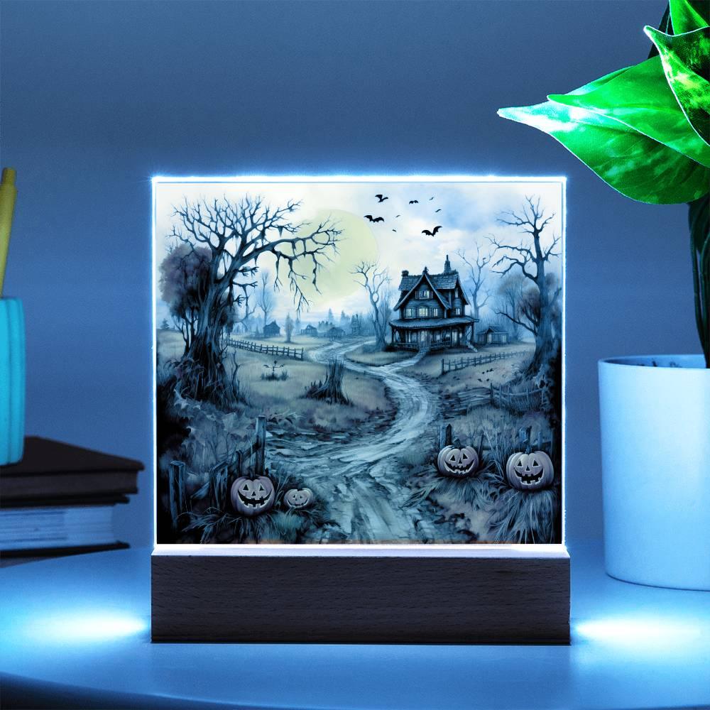 Haunted Elegance: Spooky Halloween Mansion Acrylic Square Plaque with LED Lighted Wooden Base - Mallard Moon Gift Shop