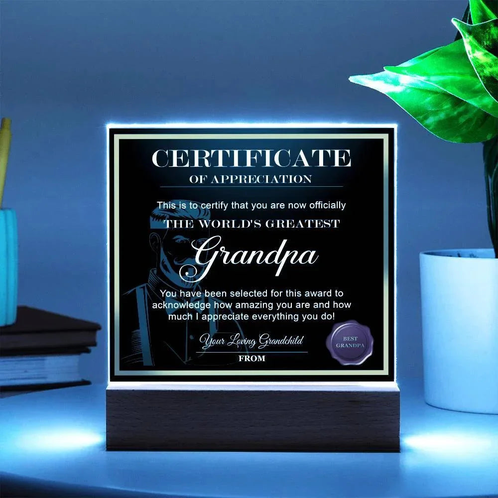Certificate of Appreciation - The World's Greatest Grandpa Personalized Acrylic Plaque