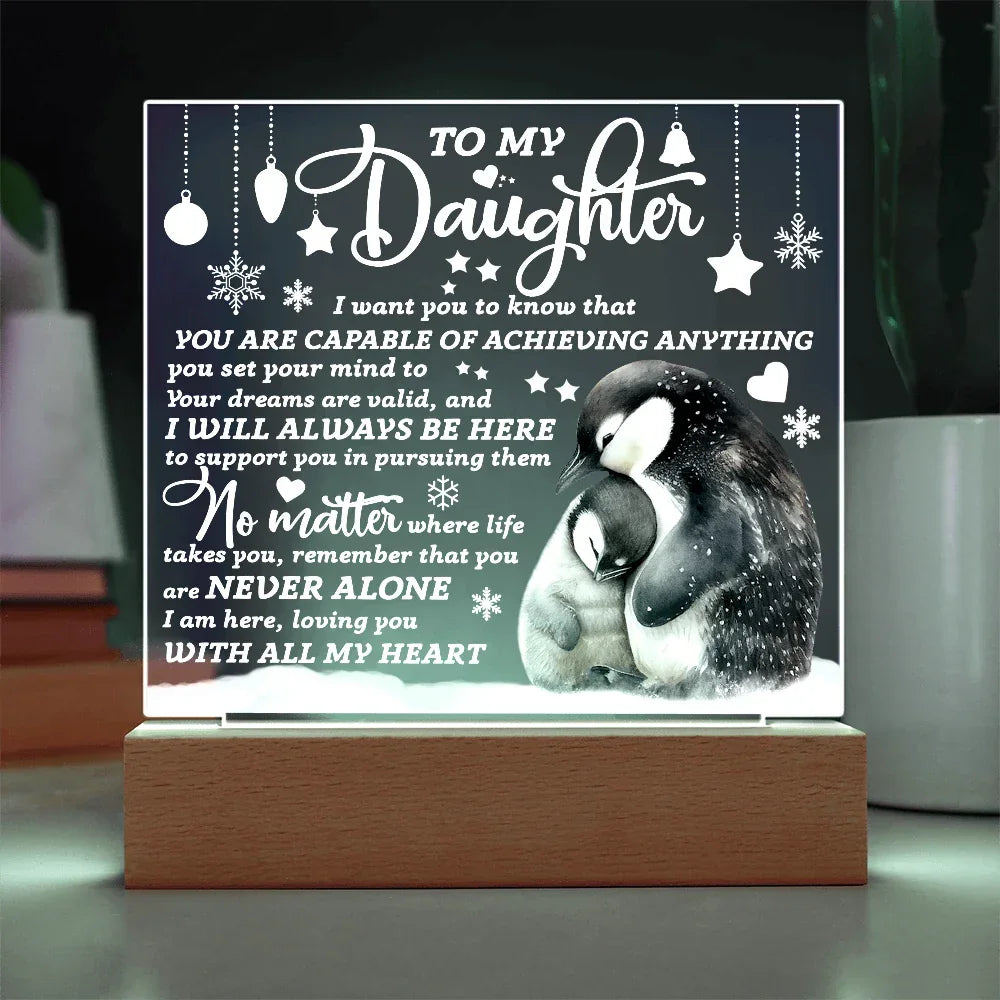 Daughter Penguin Acrylic Plaque – Heartfelt Christmas or Birthday Gift from Mom or Dad | “You Are Capable” LED Light Display