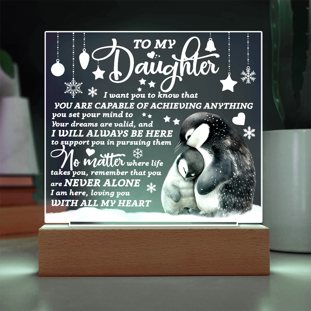 Daughter Penguin Acrylic Plaque – Heartfelt Christmas or Birthday Gift from Mom or Dad | “You Are Capable” LED Light Display