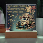 Fall Is in the Air Acrylic Plaque – Pumpkin Truck Autumn Decor – Lighted Acrylic Sign with Wooden Base (Corded or Battery Option)