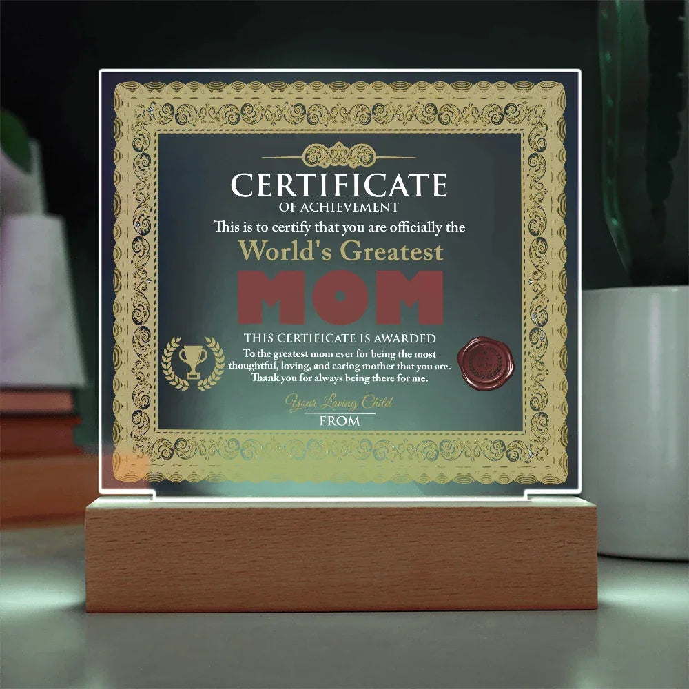 World's Greatest Mom Personalized Certificate – LED Acrylic Plaque Gift for Mother's Day