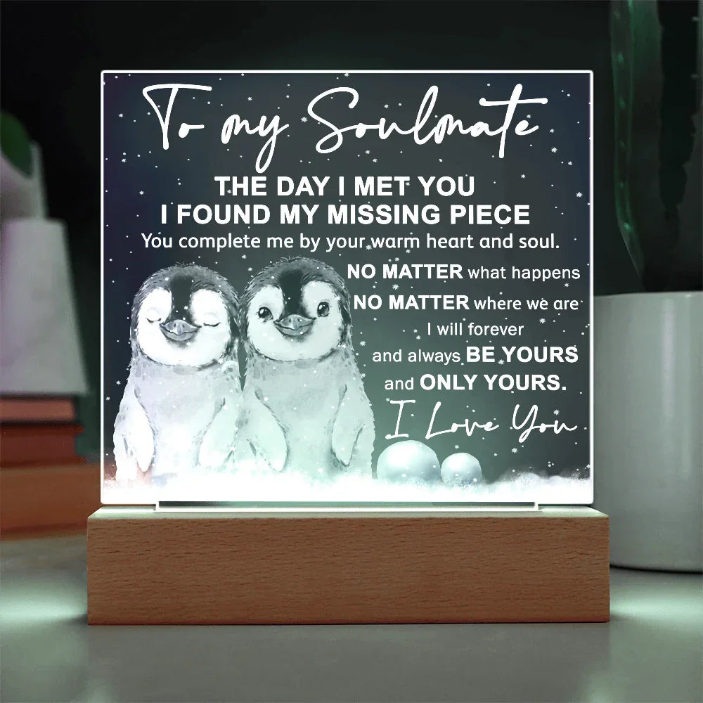 Soulmate Acrylic Plaque – Penguin Couple LED Light Gift | Romantic “You Complete Me” Christmas Keepsake