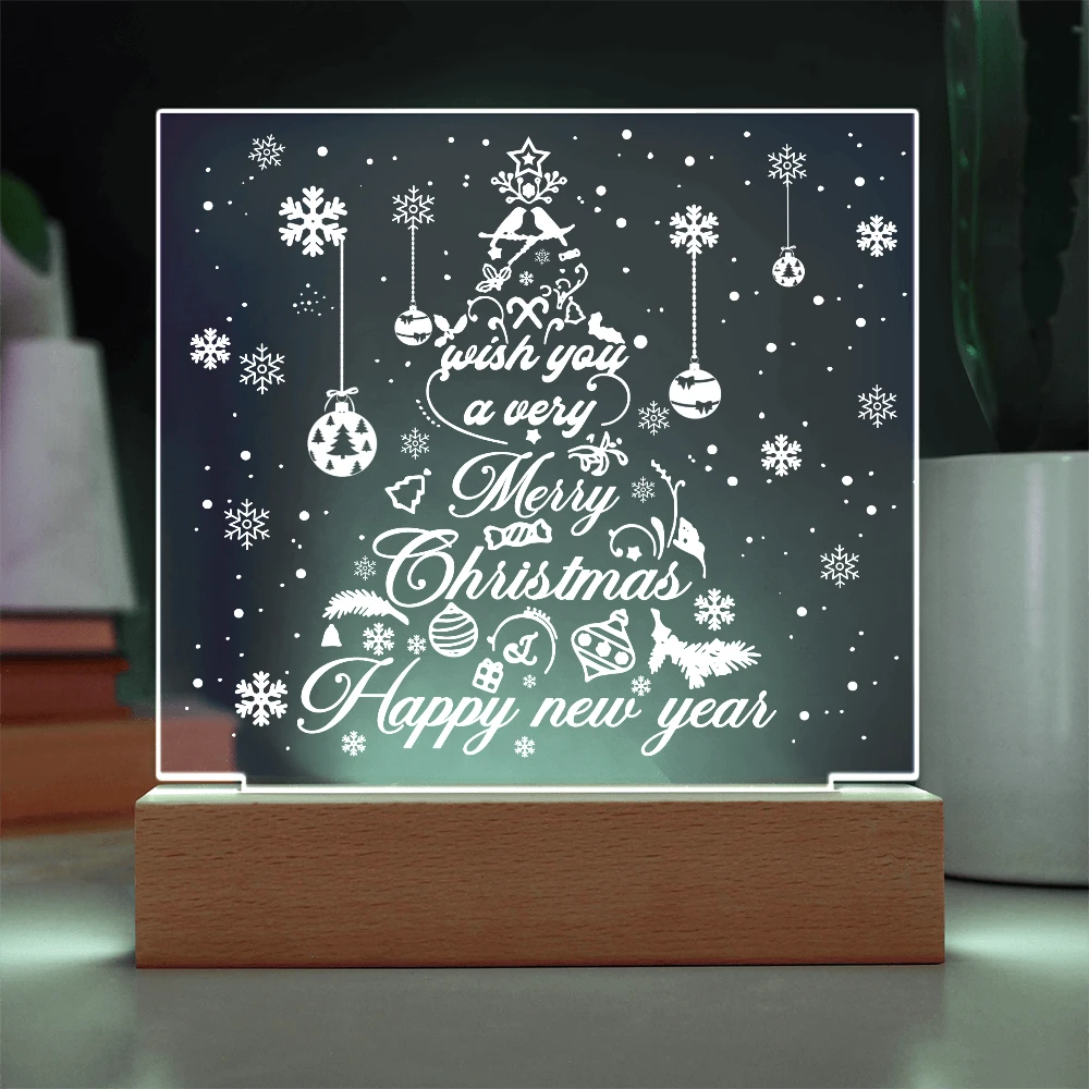Merry Christmas & Happy New Year Acrylic Plaque – Elegant Holiday LED Light Décor | Festive Tree Design Gift