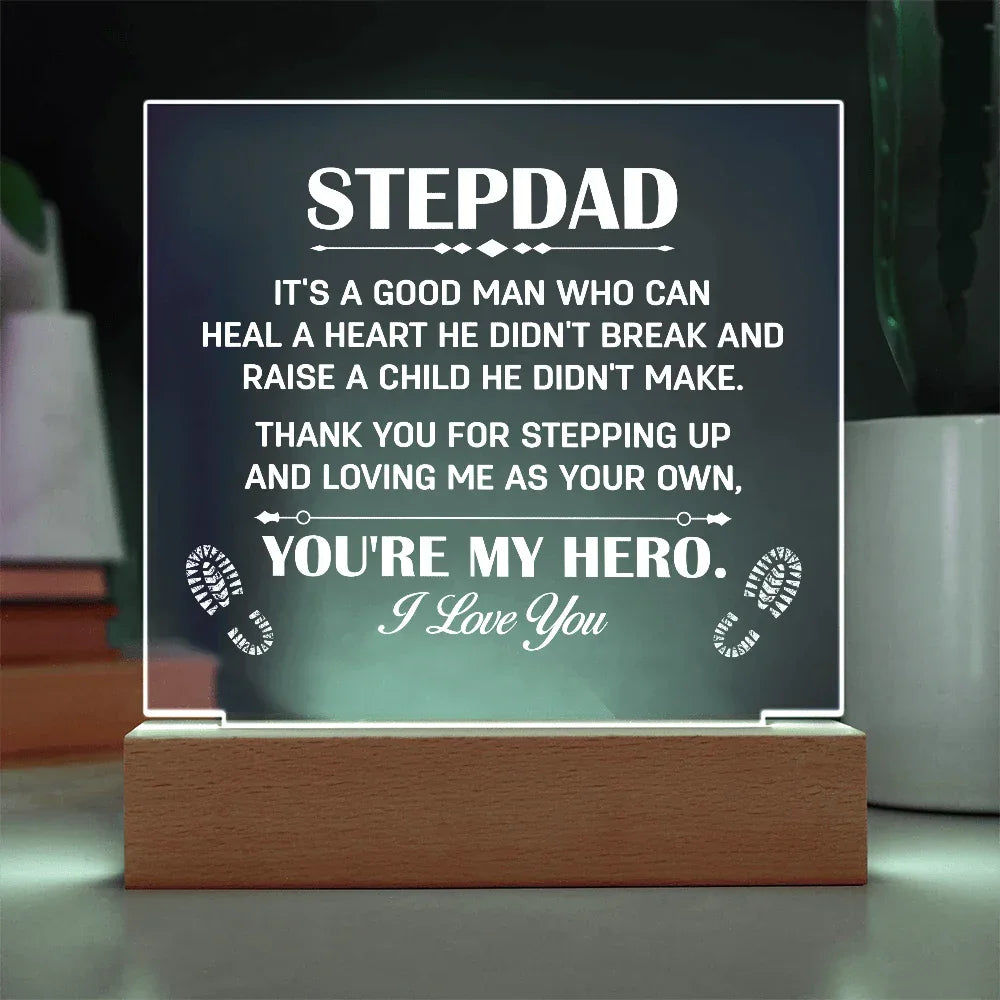 Stepdad Acrylic LED Plaque – “You're My Hero” Personalized Gift with Custom Name for Father's Day, Birthday, or Christmas
