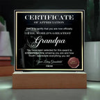 World’s Greatest Grandpa Certificate Acrylic Plaque – Personalized Appreciation Gift with LED Light Base