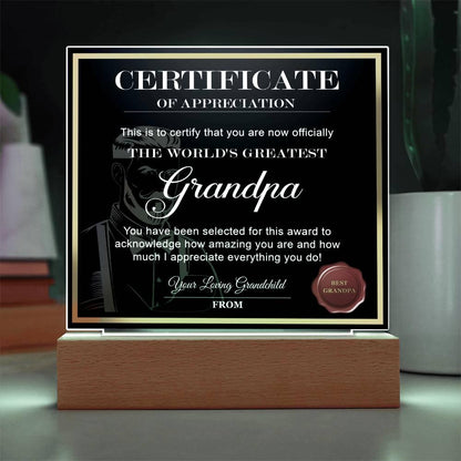 Certificate of Appreciation - The World's Greatest Grandpa Acrylic Plaque - Mallard Moon Gift Shop