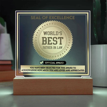 Gift for Father-in-Law Seal of Excellence Award World's Best Father-in-Law Acrylic Plaque - Mallard Moon Gift Shop
