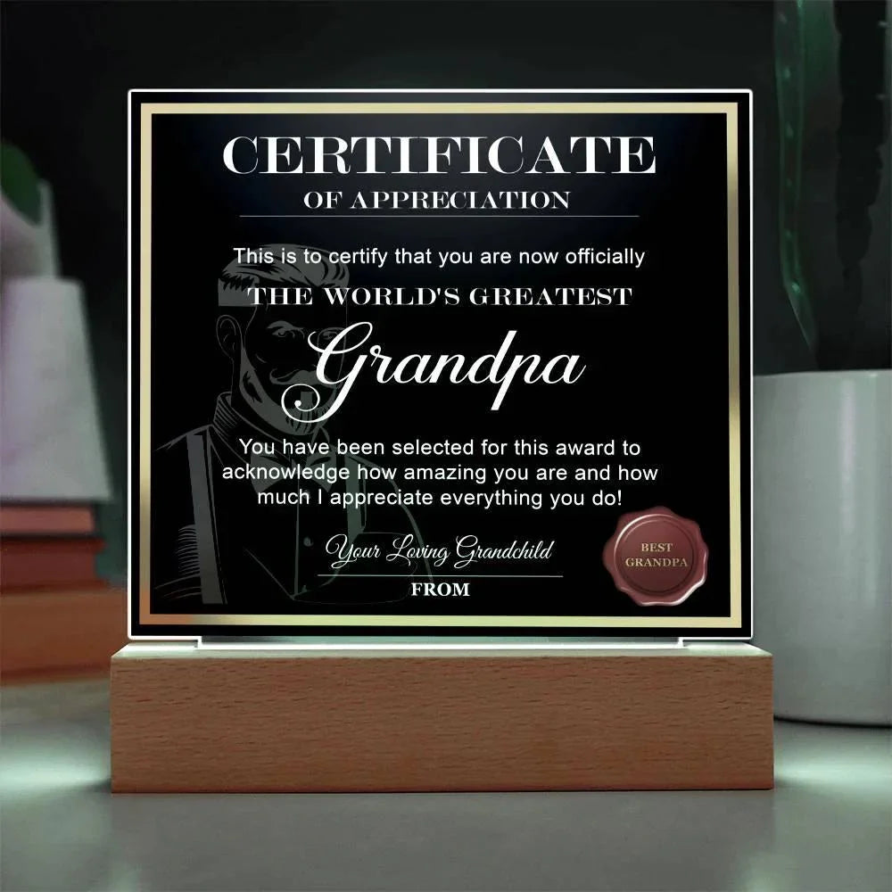 Certificate of Appreciation - The World's Greatest Grandpa Personalized Acrylic Plaque