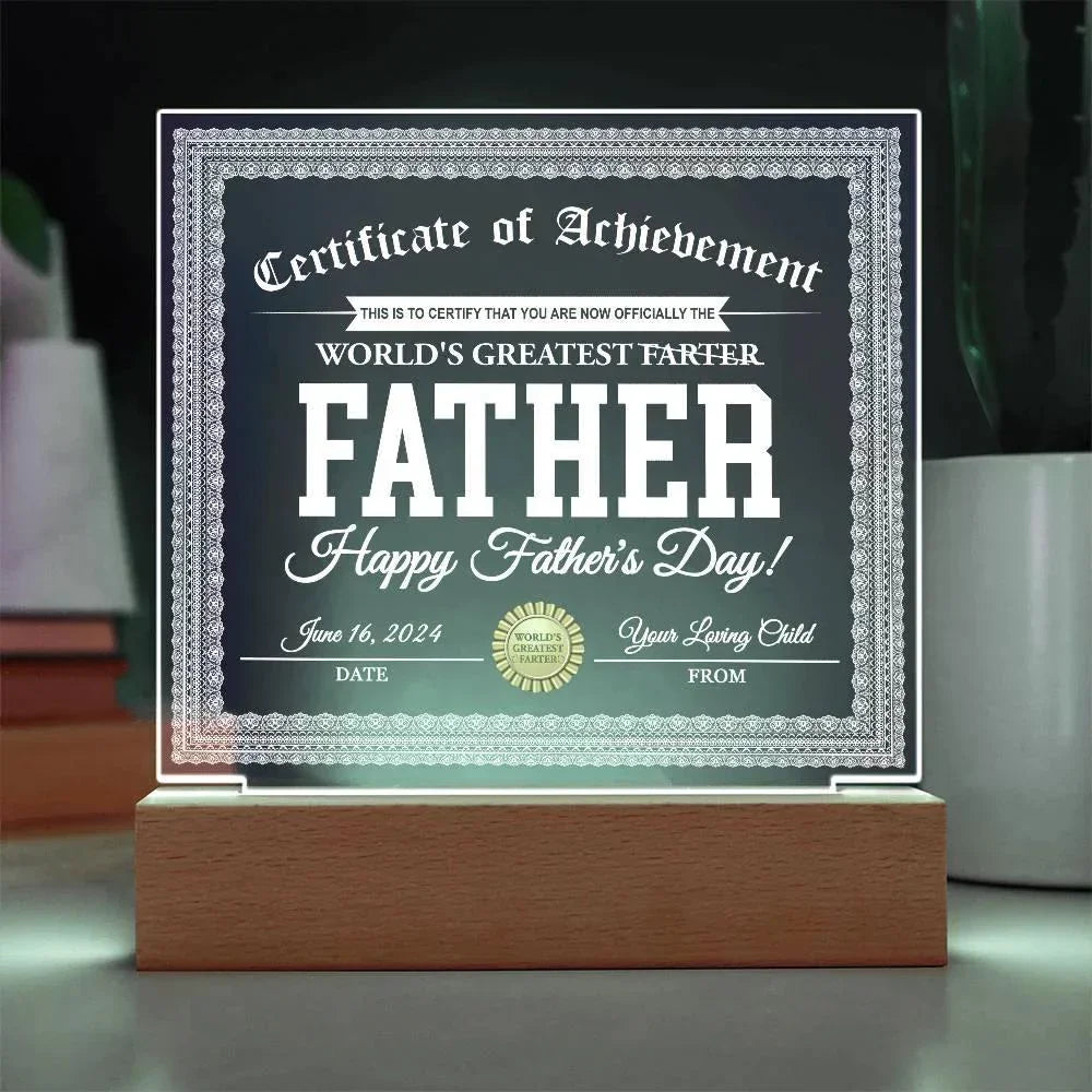 Funny Personalized Father's Day Gift "World’s Greatest Farter" Certificate Acrylic Plaque with LED Light Base