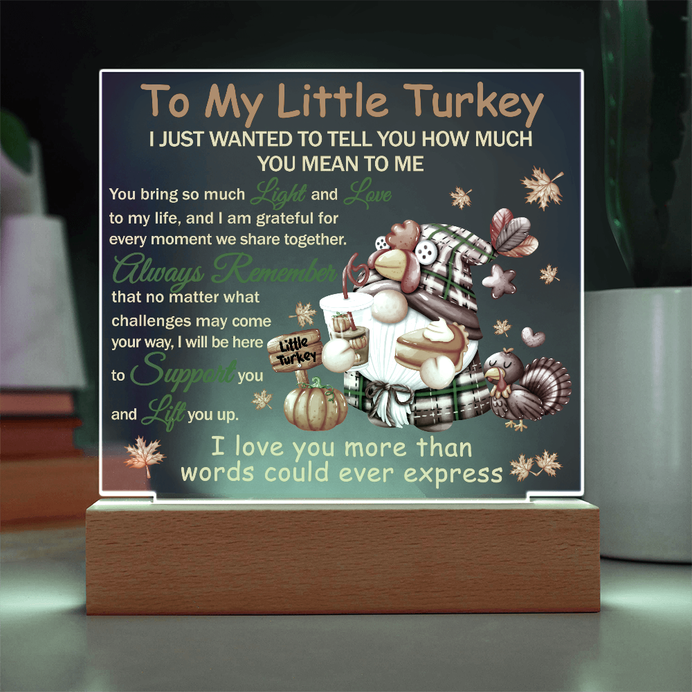 To My Little Turkey Acrylic Plaque – Heartfelt Thanksgiving Gift for Child, Grandchild, or Loved One | Cute Fall Message Keepsake | LED Light Base Option