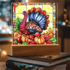 Thanksgiving Turkey Stained-glass Acrylic Square LED Lighted Wooden Base