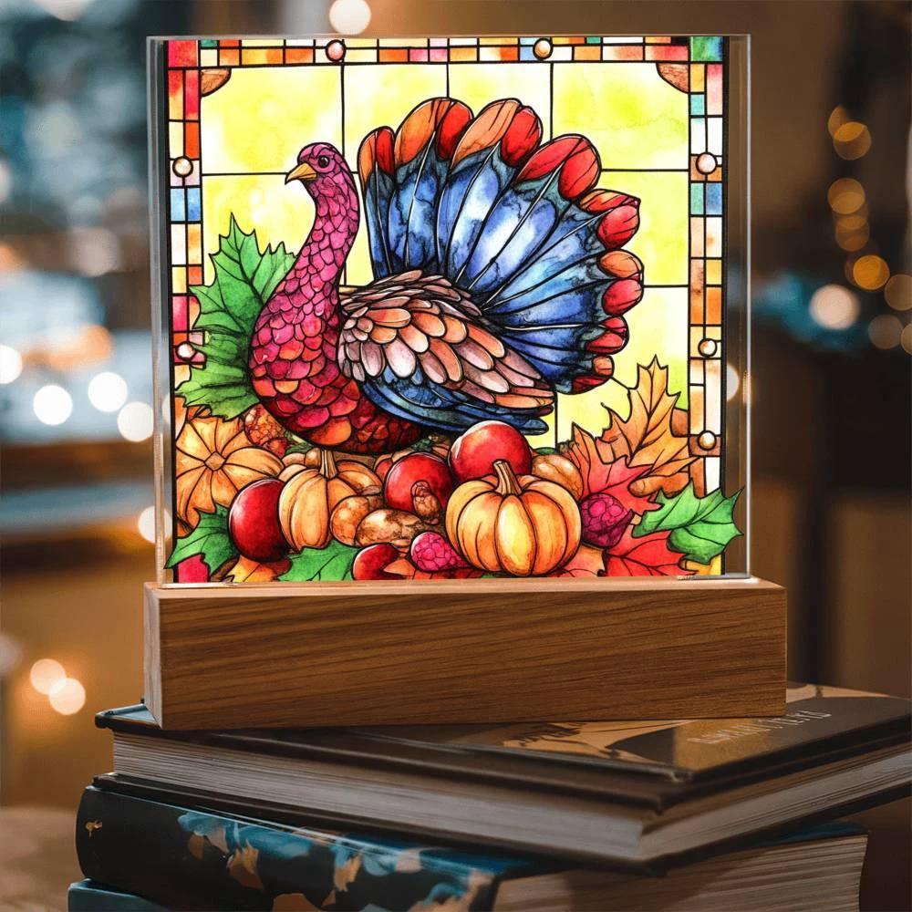 Thanksgiving Turkey Stained-glass Acrylic Square LED Lighted Wooden Base