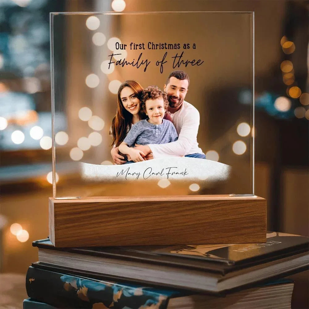 Family Acrylic Plaque – “Our First Christmas as a Family of…” | Custom Name & Family Size Light-Up Holiday Gift
