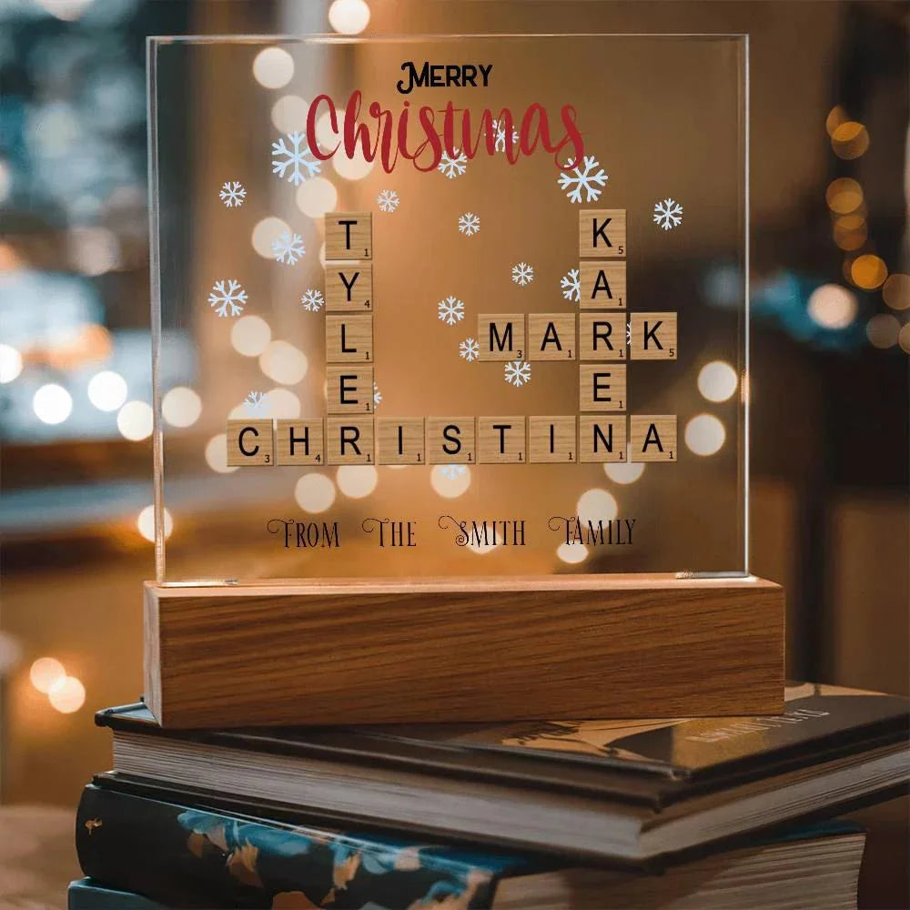 Personalized Crossword Puzzle Merry Christmas Acrylic Plaque with Lighted LED Wooden Base