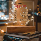 Personalized Crossword Puzzle Merry Christmas Acrylic Plaque with Lighted LED Wooden Base