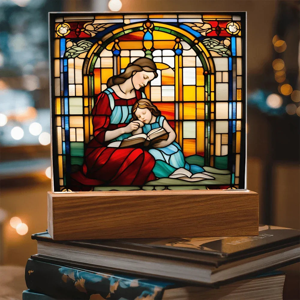 Mother and Child Reading Together Stained-Glass Style LED Acrylic Plaque – A Heartfelt Gift for Moms and Book-Loving Families