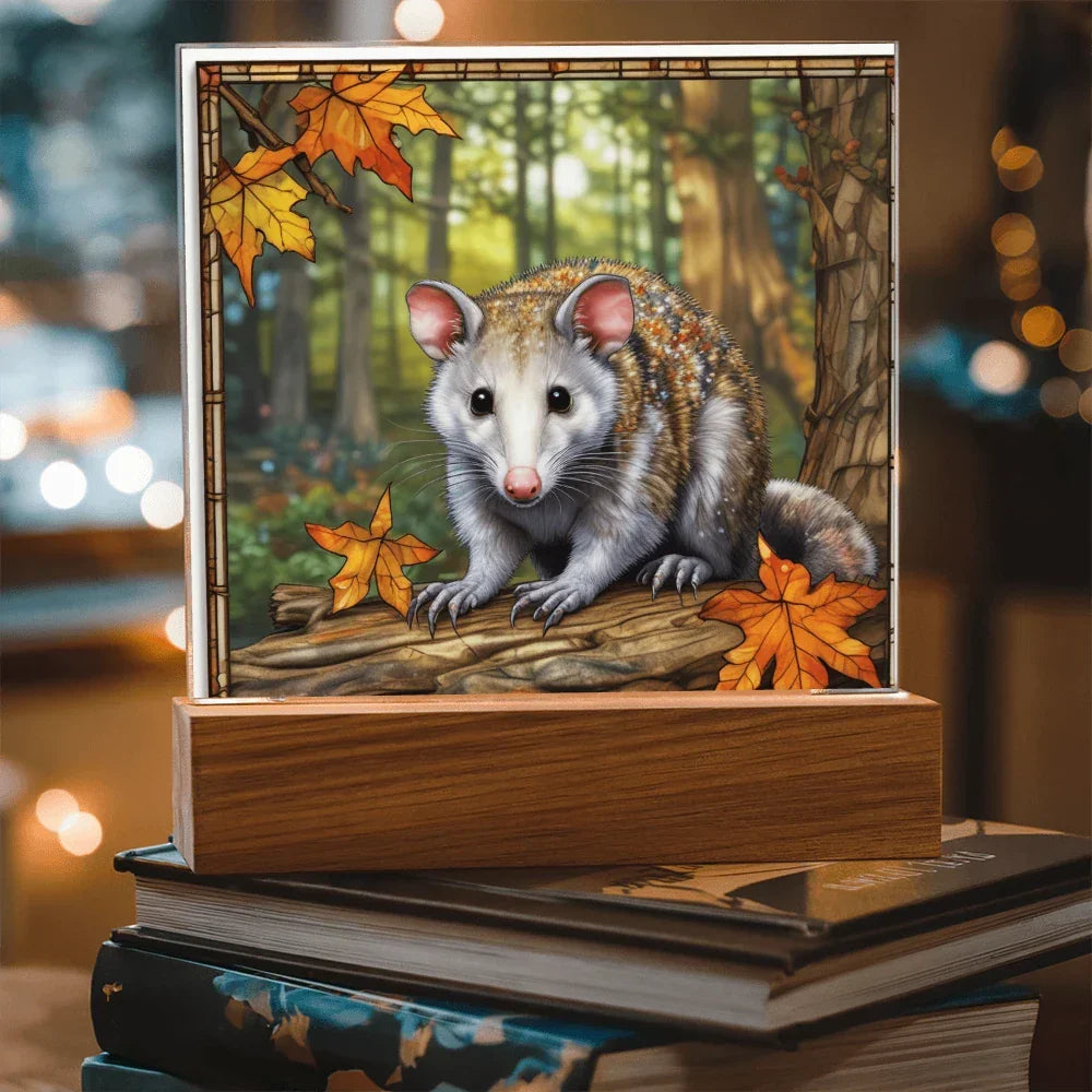 North American Opossum LED Acrylic Plaque – Autumn Forest Scene – Wooden Base (Battery or Corded)
