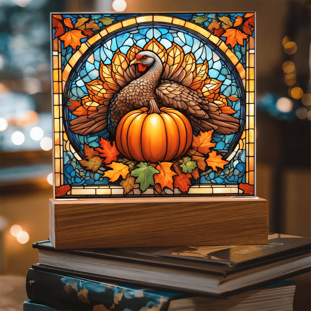 Thanksgiving Stained Glass Turkey Acrylic Plaque – Elegant Fall Home Decor with LED Light Base | Autumn Window Art Inspired Gift