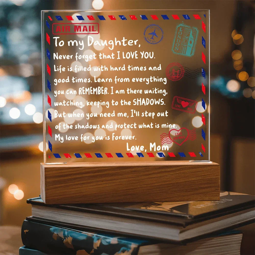 To My Daughter Airmail Acrylic Plaque – Love from Mom | Heartfelt LED Light Gift with Message of Strength and Protection